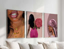 Pink Black Women Wall Art Set of 3 featuring Afrocentric digital wall art with vibrant pink tones in a modern living room — Haus of Prints.