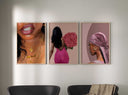 Pink Black Women Wall Art Set of 3 featuring Afrocentric digital wall art in warm tones, perfect for modern living rooms—Haus of Prints.