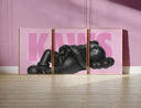 Vibrant KAWS artwork against a pink backdrop, showcasing the word "KAWS" in a bold fashion aesthetic.