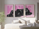 Black KAWS figure resting on pink background, with the word "KAWS" prominently displayed in modern typography.