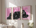 KAWS black figurine on a pink background, with a bold "K" featured prominently in this stylish home decor piece.