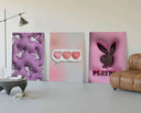 Colorful Hypebeast wall art featuring playful bunny patterns set against a pink background.