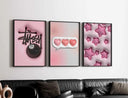 Digital art with playful hearts and speech bubble on a soft pink background, capturing modern themes.