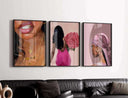Afrocentric art piece showcasing a woman in a pink dress holding roses against a soft background.