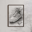 Realistic black and white artwork of sneakers integrated with abstract design elements for modern decor.