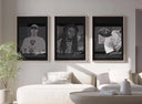 Unique rap album cover art featuring black and white designs, perfect for modern home decor.