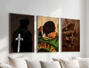 Set of 3 Printable Black Man Wall Art positioned together, highlighting their unique compositions and themes.