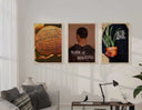 Set of 9 Black Men Wall Art featuring Afrocentric digital wall art prints in warm tones, framed in a modern living room by Haus of Prints.