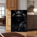 Shadow Honor I – Black Samurai Art Print positioned in cozy interior, showcasing striking samurai imagery.
