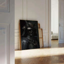 Shadow Honor II – Black Samurai Art Print displayed in a modern living space with wooden frames in background.