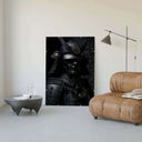 Shadow Honor II – Black Samurai Art Print leaning against a wall in a minimalist room with stylish decor.