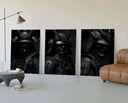 Shadow Honor Triptych Art Print showcasing a black samurai figure with intricate armor and a helmet.