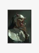 Sinful Sister – Devil Horn Nun Art Print featuring a tattooed nun with devil horns and a cigarette, in edgy colors.