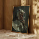 Sinful Sister – Devil Horn Nun Art Print framed against wooden paneling, showcasing the edgy art style.
