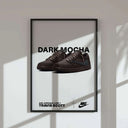 Dark Mocha Air Jordan Low 1 sneaker art digital wall print in black frame, modern living room decor, Haus of Prints Sneaker Poster Set of 3.