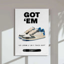 Sneakerhead Printable Poster Set of 3 featuring Air Jordan Travis Scott sneaker art in modern living room, digital wall art by HAUS OF PRINTS