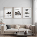 Streetwear Printable Poster Set of 3 featuring sneaker art in framed digital wall art above sofa in modern living room – Haus of Prints.