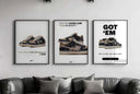 Streetwear Printable Poster Set of 3 featuring sneaker art of Travis Scott Nike SB Dunk Low in framed digital wall art above sofa, Haus of Prints.