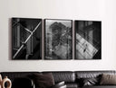 Tennis Poster Set of 3 with modern black-and-white tennis-themed digital wall art framed in a sleek living room by HAUS OF PRINTS.
