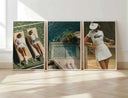 Set of three tennis-themed wall art prints featuring relaxed women on lounge chairs, aerial view of a tennis court near water, and a female tennis player in white attire.