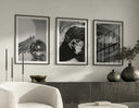 Bold fashion wall art collection in black and white with glamorous accessories and textures.