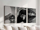 Trendy wall art set highlighting modern fashion elements, perfect for an elegant living space.