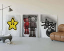 Close-up view of bold Hypebeast digital wall art showcasing a neon green KWAS bear figure.