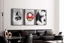 Display of sleek digital wall art with a red and black mushroom icon centerpiece, framed elegantly.