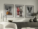 Artistic arrangement of emotional red hearts and figures, blending street and contemporary styles.