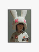 Urban Bunny Muse Surreal Fashion Art Print featuring a girl in a pastel bunny helmet and streetwear style.