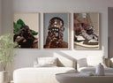 Close-up of Urban Masculine Wall Art showcasing a figure adorned with rings and a vibrant background.