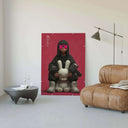 Urban Muse X-Eyes Art Print framed in a modern living room setting, showcasing the girl and bunny design.