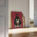 Urban Muse X-Eyes Art Print leaning against an art display, highlighting its colorful design.