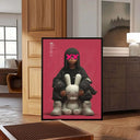 Urban Muse X-Eyes Art Print in interior space, featuring a girl and bunny against a vivid background.