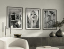 Vintage Fashion Photography Prints Set of 3 in black and white framed printable art displayed in modern living room, Haus of Prints.