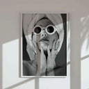 Black and white vintage fashion photography printable wall art featuring a woman with sunglasses in modern living room — Haus of Prints Vintage Fashion Photography Prints Set of 3