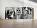 Vintage fashion photography prints set of 3 in black and white, framed art displayed on hardwood floor, modern living room by Haus of Prints.