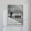 Celebratory Vintage Formula 1 Wall Art depicting a driver raising a helmet in victory, ideal for stylish rooms.
