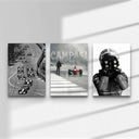 Vintage Formula 1 Wall Art Set of 3 featuring race cars on a track, a finish line celebration, and a driver in helmet.