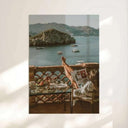 Vintage Seascape Prints Set of 3 showcasing a figure diving from a boat into a calm sea with mountains.