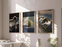 Vintage Tennis Wall Art Set showcasing a nostalgic tennis ball against a vibrant court backdrop.