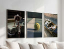 Vintage Tennis Wall Art Set displayed in a cozy living area, enhancing interior design aesthetics.