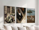 Aerial view of boats on the water and wooden dock in the Vintage Trendy Gallery Wall Art Set of 3.