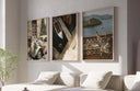 Serene coastal scene with a woman reading on a balcony, part of the Vintage Trendy Gallery Wall Art Set of 3.