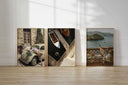 Vintage Trendy Gallery Wall Art Set of 3 featuring nostalgic prints of classic car, boats, and seaside balcony in neutral tones, Haus of Prints.
