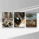 Vintage Trendy Gallery Wall Art Set of 3 featuring a stylish woman on a classic car in a rustic setting.