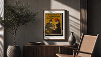 Man and woman drinking absinthe at table poster framed above a fluted sideboard beside an olive tree