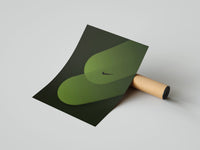 Abstract dark olive green Nike swoosh shapes on a dark background, print unrolled next to a shipping tube on gray