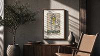 Ace of Cups tarot card poster framed above a fluted sideboard beside an olive tree