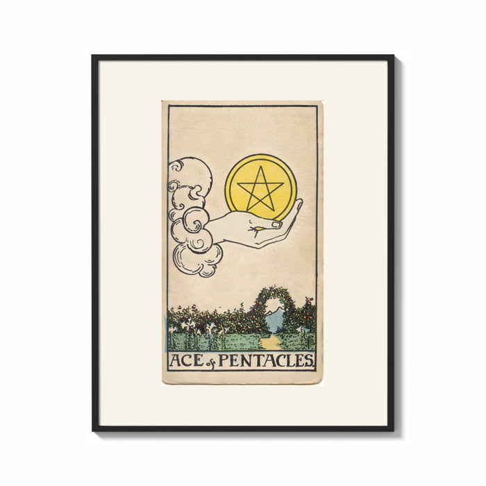 Framed Hand holding pentacle coin print shown as a bold statement piece on a clean gallery wall